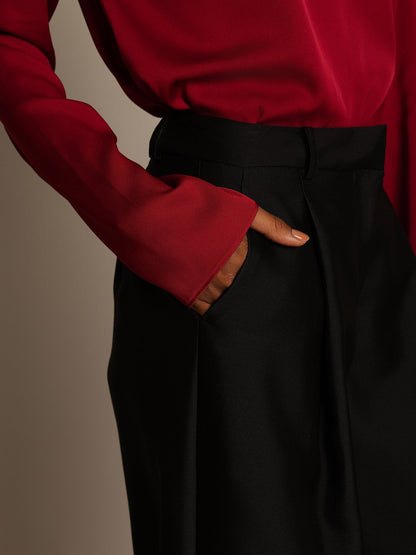 32Momme Seide-Wolle-Mischung Hochbund Weite Bein Damenhose mit Seitentaschen Design