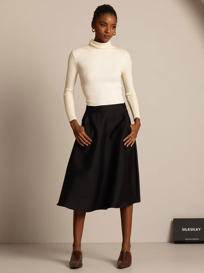 32Momme Seide-Wolle-Mischung A-Linien Midi-Rock mit Reißverschluss-Design