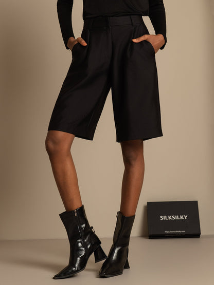 32Momme Seide-Wolle-Mischung Hohe Taille Gerade Passform Damen Mid-Länge Hose mit Seitentaschen Design