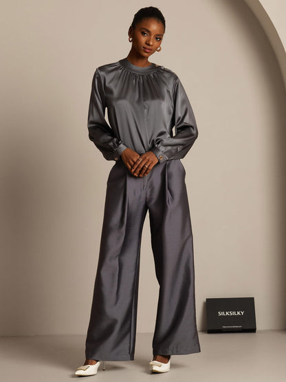 32Momme Seide-Wolle-Mischung Hochbund Weite Bein Damenhose mit Seitentaschen Design