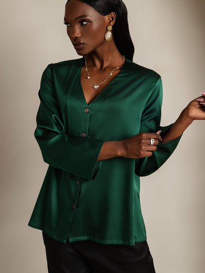 19Momme Seide Langärmelig V-Ausschnitt Hemd