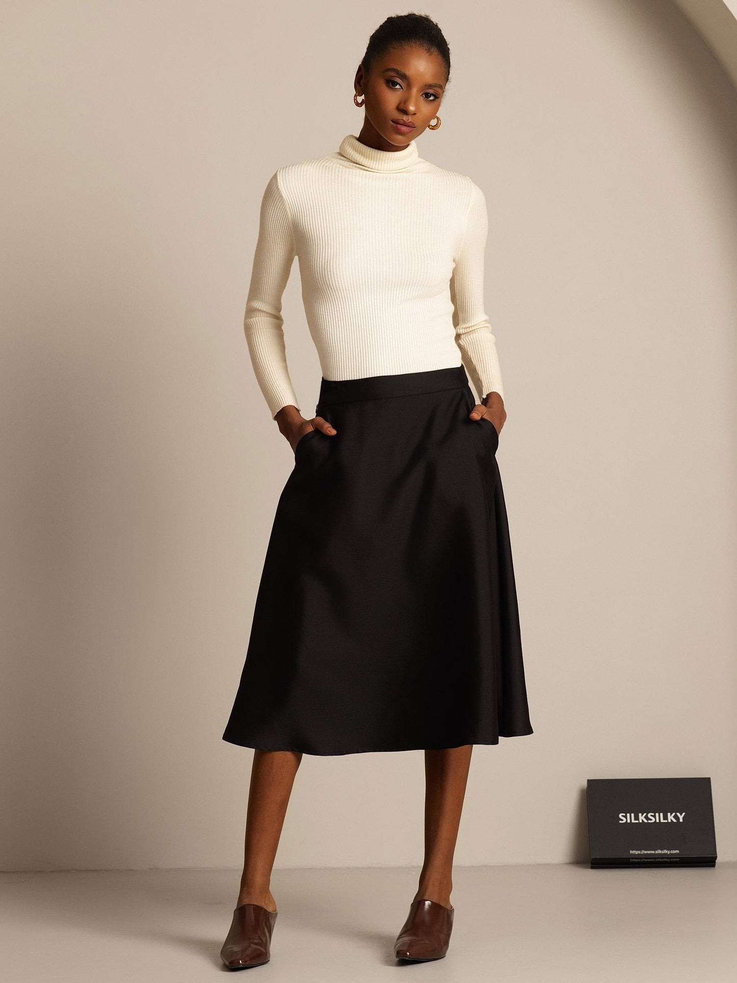 32Momme Seide-Wolle-Mischung A-Linien Midi-Rock mit Reißverschluss-Design