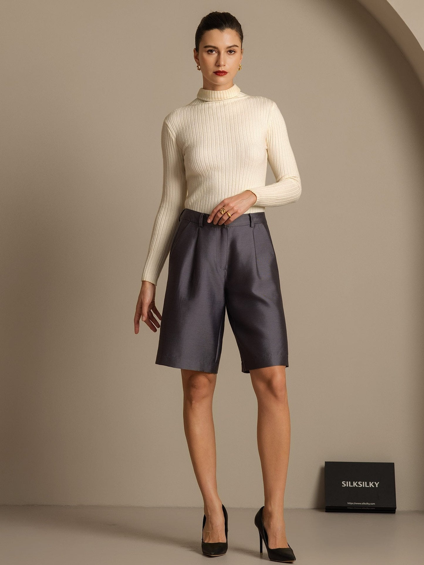 32Momme Seide-Wolle-Mischung Hohe Taille Gerade Passform Damen Mid-Länge Hose mit Seitentaschen Design