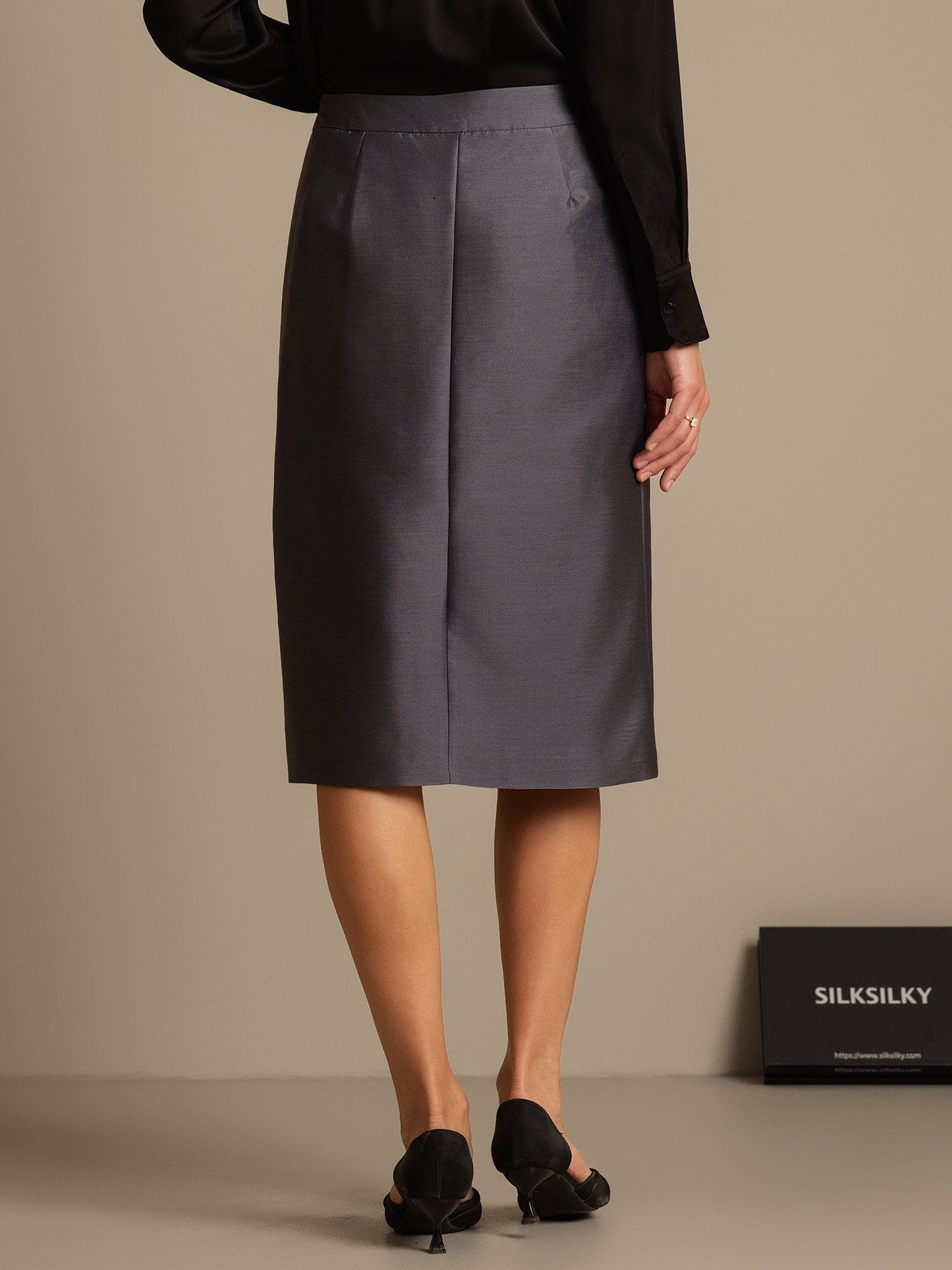 32Momme Seiden-Woll-Mix Midi-Rock mit Schlitz-Design