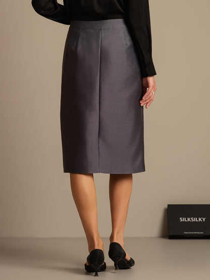 32Momme Seiden-Woll-Mix Midi-Rock mit Schlitz-Design