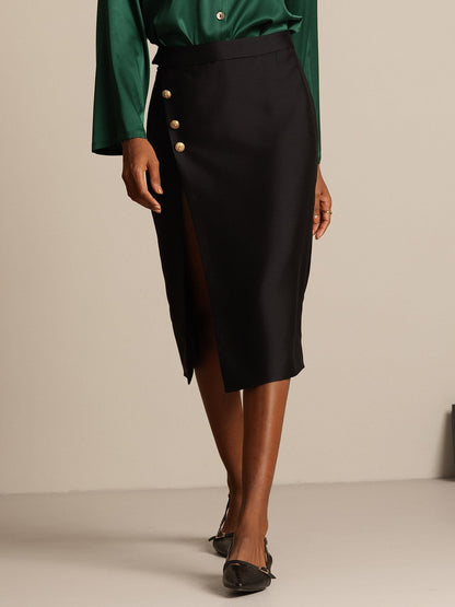 32Momme Seiden-Woll-Mix Midi-Rock mit Schlitz-Design