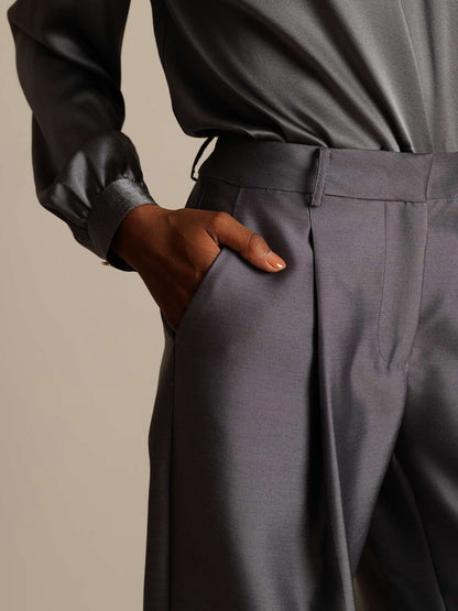 32Momme Seide-Wolle-Mischung Hochbund Weite Bein Damenhose mit Seitentaschen Design