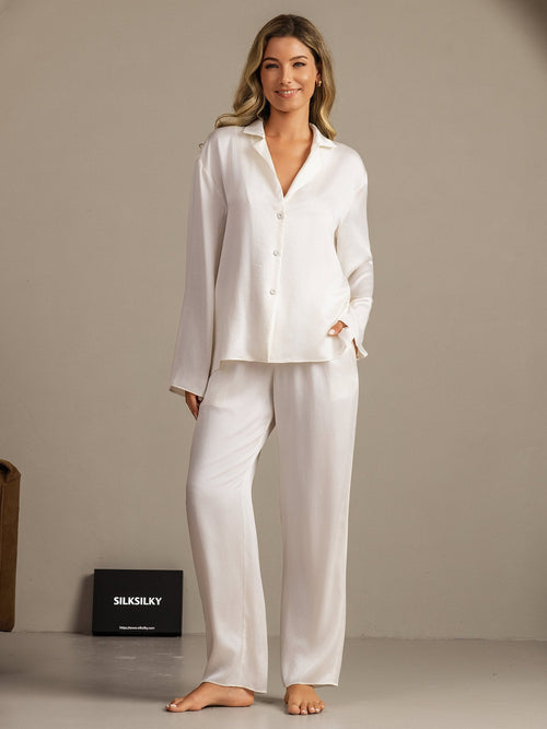 19Momme Waschbare Seide Langarm Notch Kragen Damen Schlafanzug Set