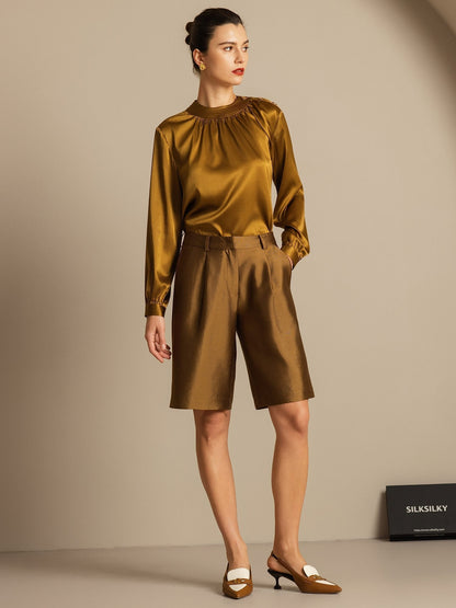 32Momme Seide-Wolle-Mischung Hohe Taille Gerade Passform Damen Mid-Länge Hose mit Seitentaschen Design