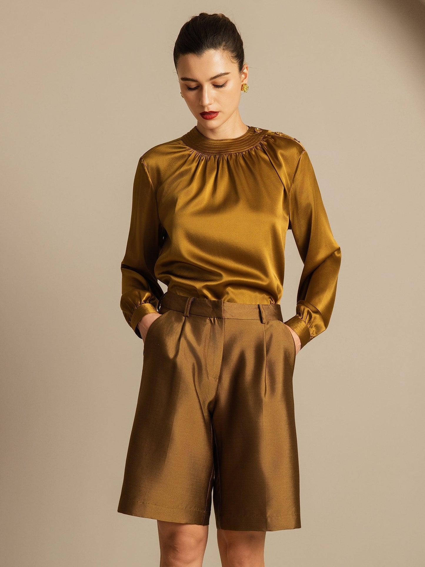 32Momme Seide-Wolle-Mischung Hohe Taille Gerade Passform Damen Mid-Länge Hose mit Seitentaschen Design