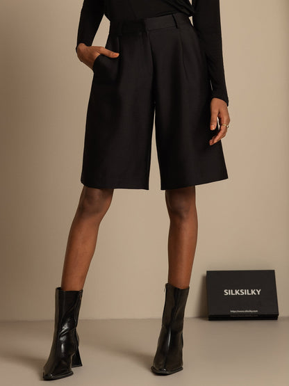 32Momme Seide-Wolle-Mischung Hohe Taille Gerade Passform Damen Mid-Länge Hose mit Seitentaschen Design