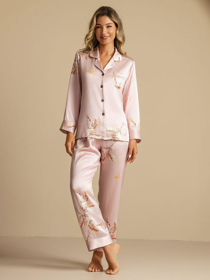 19Momme Damen Reines Seidenpyjama Set Mit Kranichdruck Und Langarm