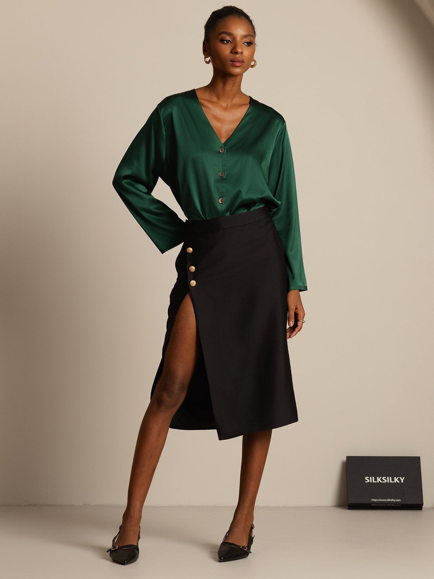 32Momme Seiden-Woll-Mix Midi-Rock mit Schlitz-Design