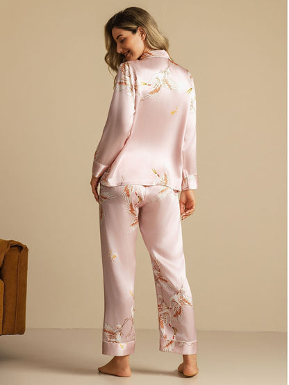 19Momme Damen Reines Seidenpyjama Set Mit Kranichdruck Und Langarm