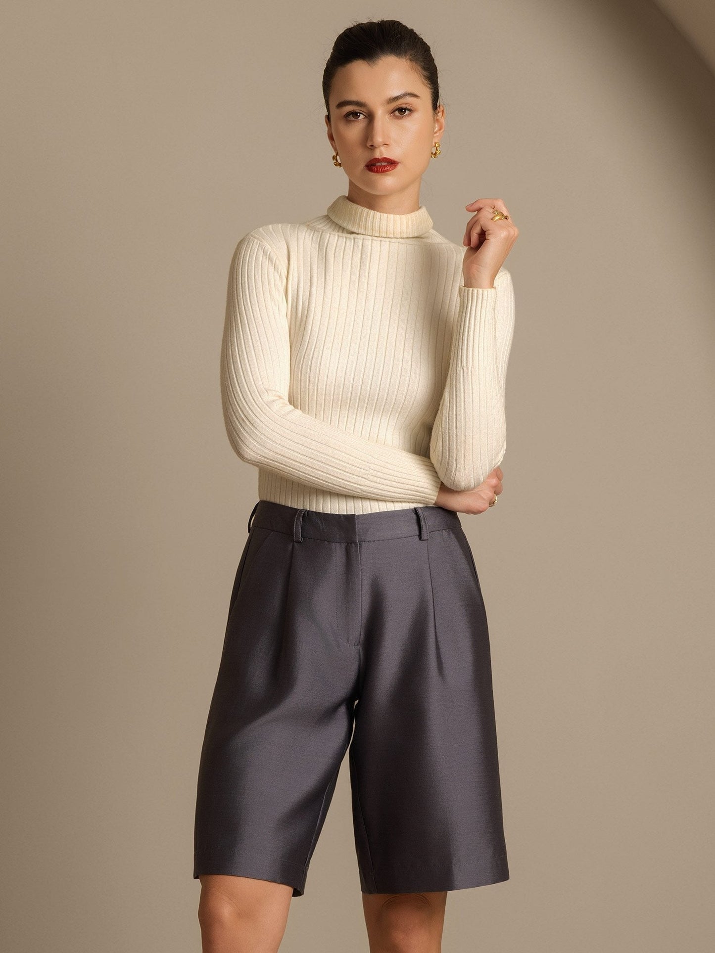 32Momme Seide-Wolle-Mischung Hohe Taille Gerade Passform Damen Mid-Länge Hose mit Seitentaschen Design