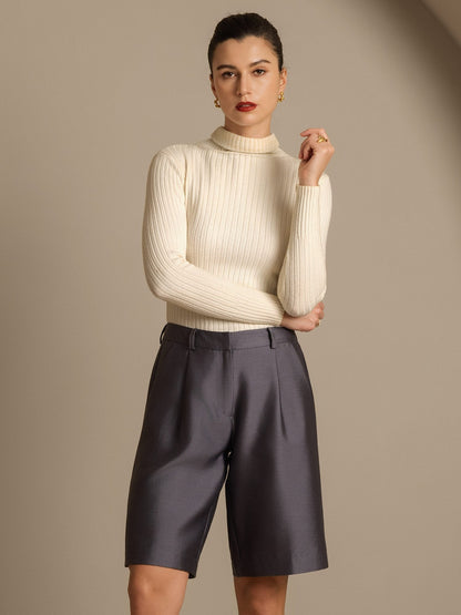 32Momme Seide-Wolle-Mischung Hohe Taille Gerade Passform Damen Mid-Länge Hose mit Seitentaschen Design