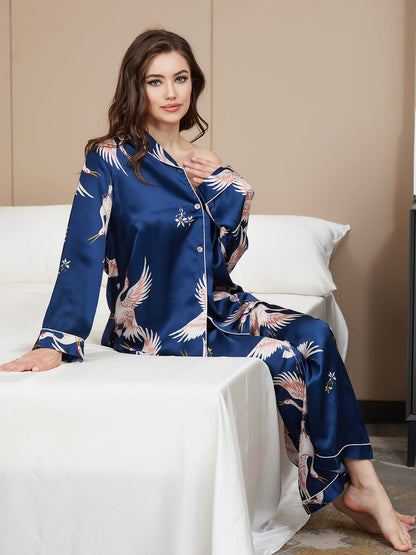 19Momme Damen Reines Seidenpyjama Set Mit Kranichdruck Und Langarm